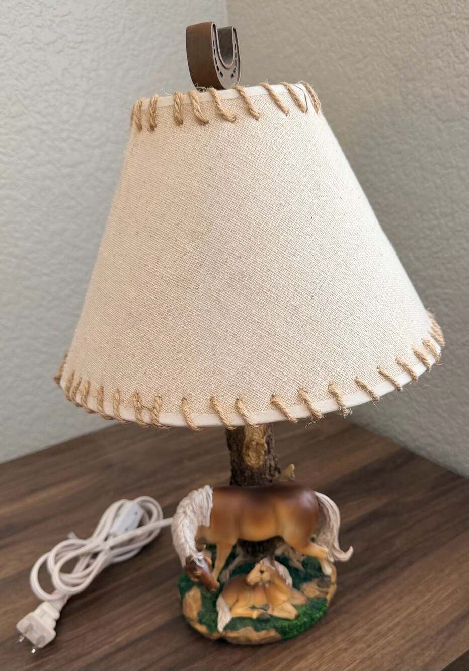 Rustic Horse and Foal Resin Table Lamp with Horseshoe Finial